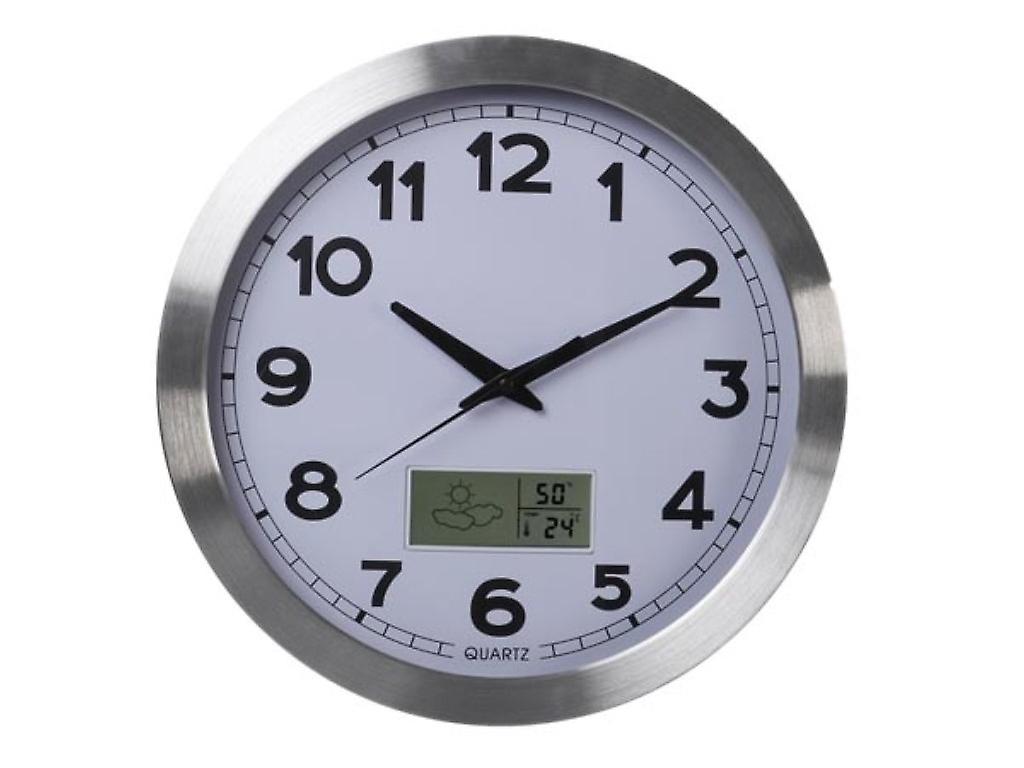 Aluminum LCD Wall Clock with Thermometer, Hygrometer & Forecast - Ø 35 cm