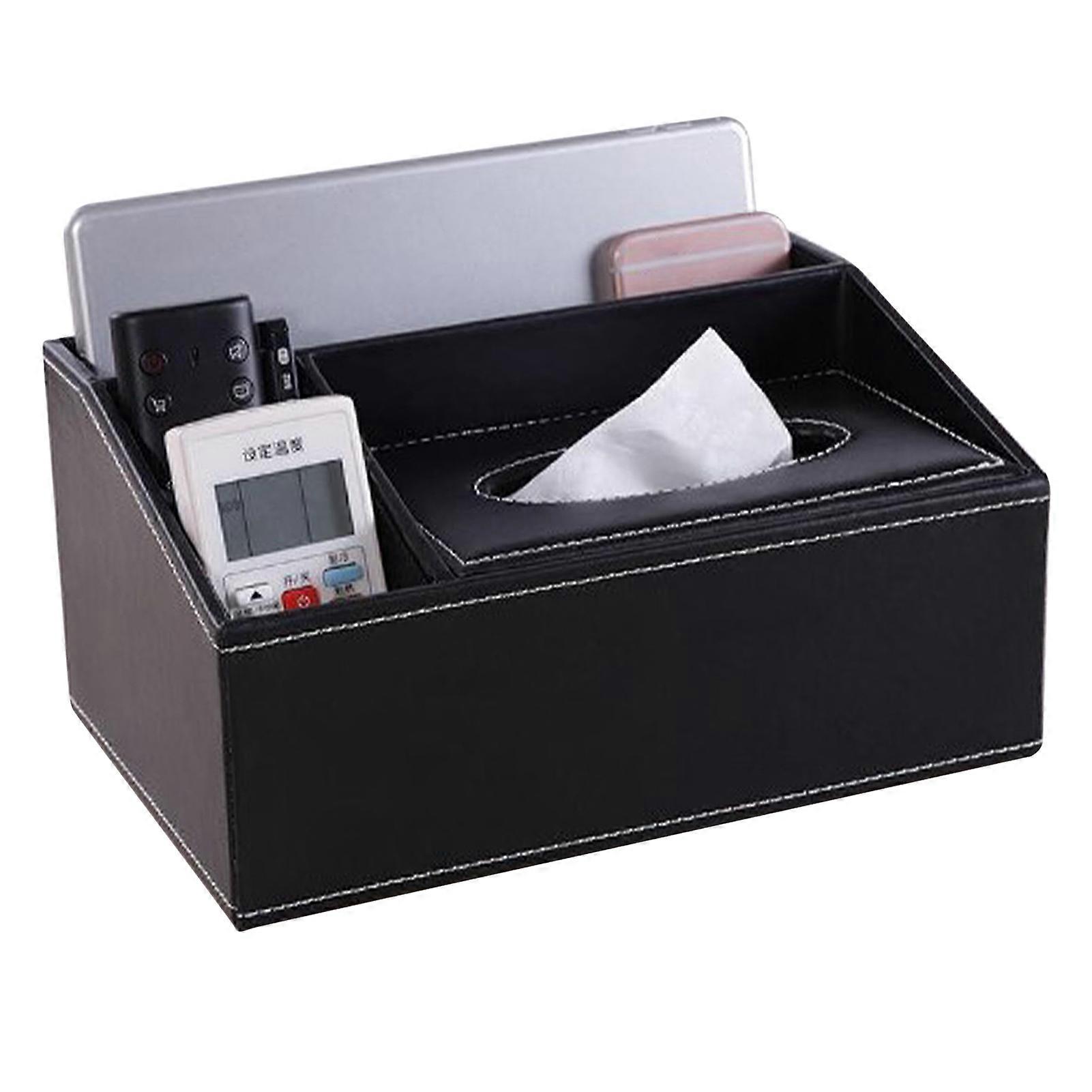 Multifunction Tissue Box Black Multiple Compartments Durable PU Leather Rectangular Tissue Box Cover for House Office