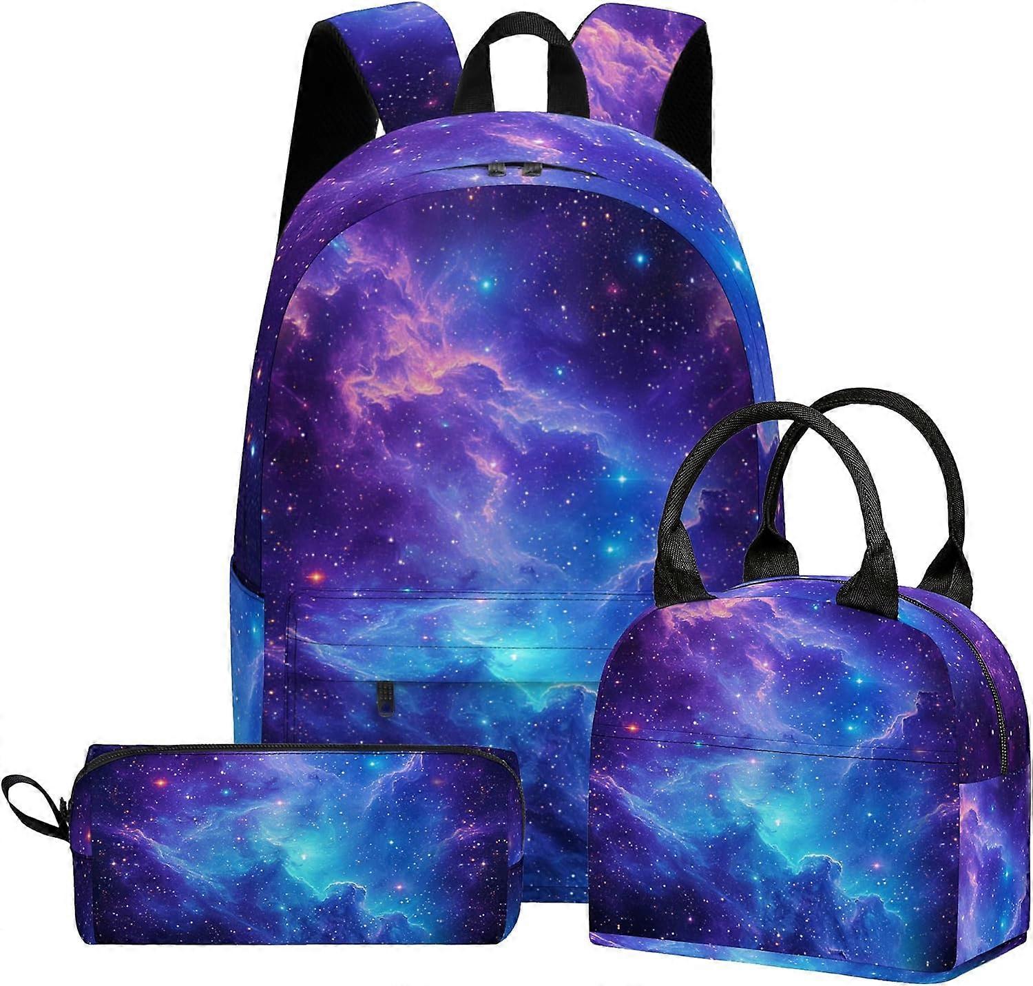 حقيبة ظهر جالاكسي 3 قطع للأولاد والبنات ، طقم حقيبة ظهر مدرسية للأطفال مع صندوق غداء ، حقيبة ظهر خفيفة الوزن مقاس 17 بوصة 3 في 1 للمراهقين الابتدائية