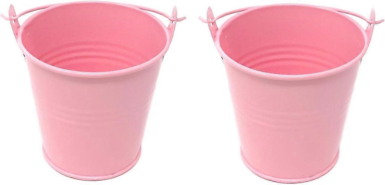 2 pieces small metal buckets pewter bucket containers decorative buckets with handle for sweets and small plants (pink)