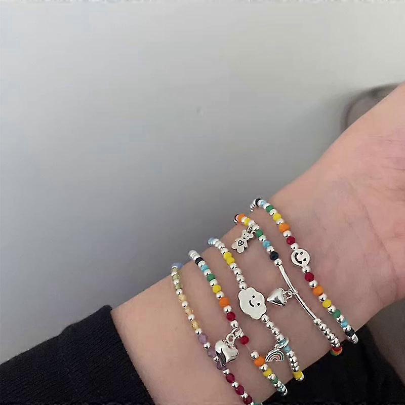 New Rainbow Beaded Bracelets for Women Korean Pendant Couple Bracelets  Handmade Colorful Beads Bracelet Party Jewelry,set of 5pcs