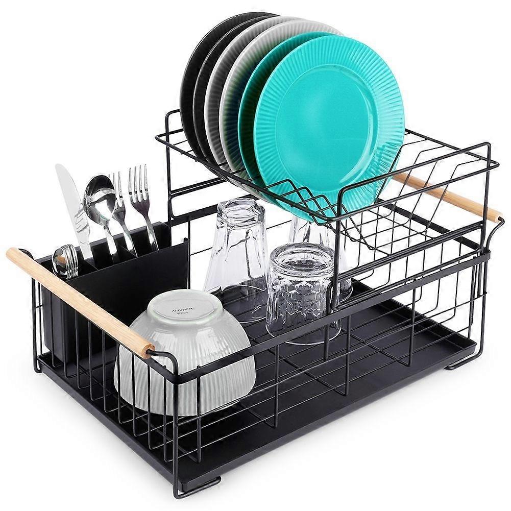 Two-tier dish rack black with bamboo handle and drip tray