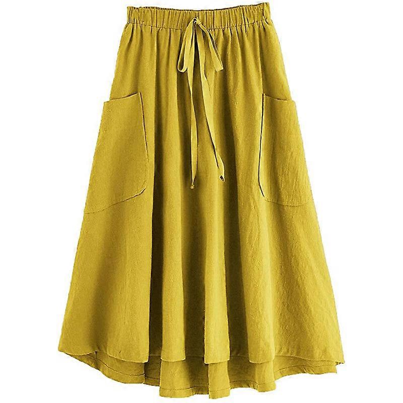 Women's Casual High Waist Pleated A-Line Midi Skirt with Pocket