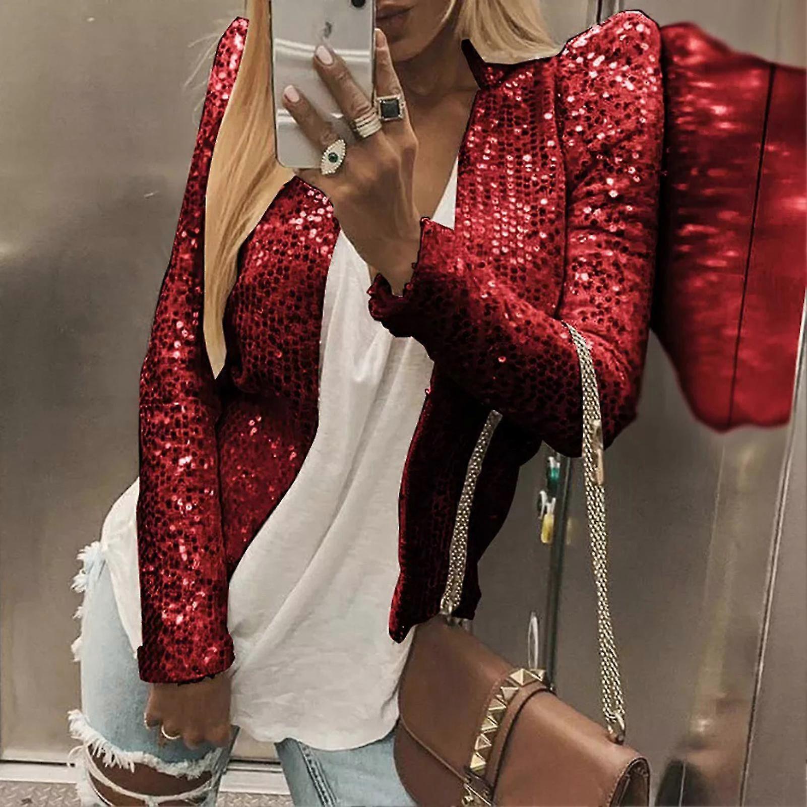 Women\'s Trendy Solid Color Jacket Short Casual Sequin Small Jacket For Parties And Nightclubs