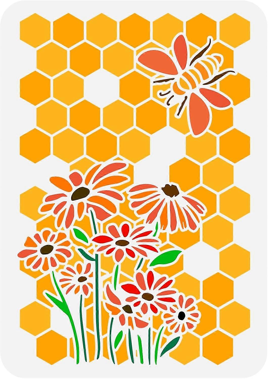 Bee Honeycomb Daisies Painting Stencil 8.3x11.7inch Reusable Daisy Hive Pattern Template Plastic Hollow Out Stencil DIY Craft DecorationStencil for Wa