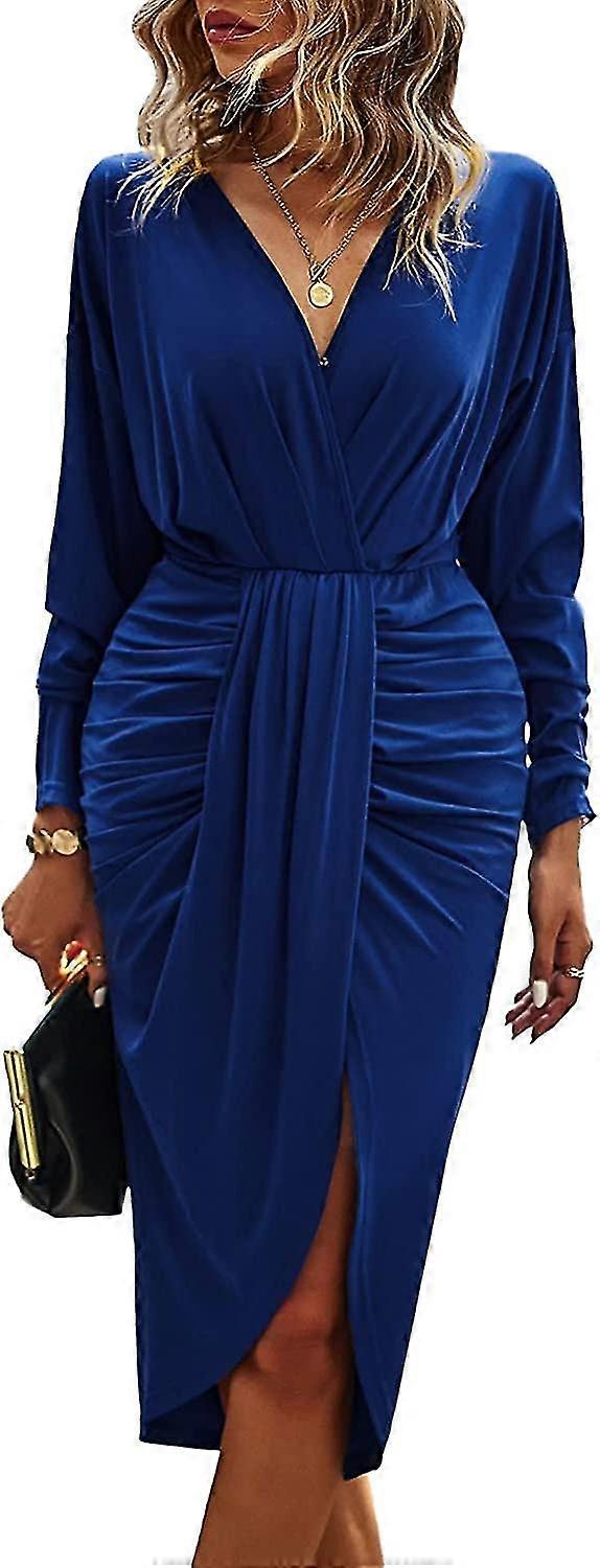 Ruched Wikkeljurk lange mouw V Hals Split Zoom Gedrapeerde Voorkant Midi Bodycon Jurken