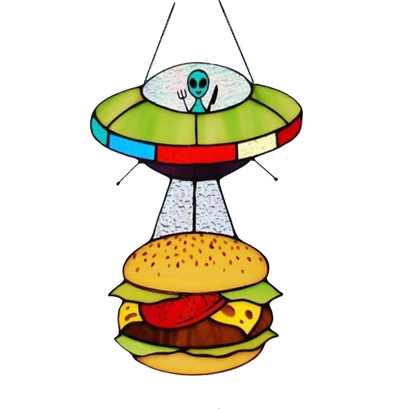 UFOs Abduction a Hamburger Stained Glass Suncatchers Personalized Colorful Painted Window Car Charm Pendant