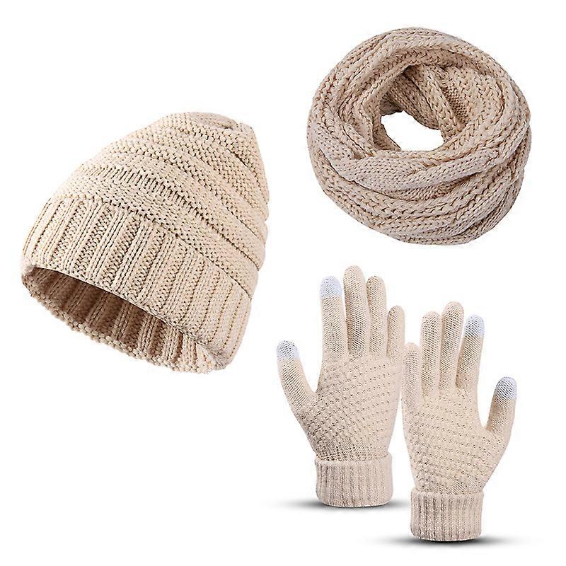 ZK-Winter Warm Set Knitted Scarf Beanie Pompom Cap Touch Screen Gloves (White)