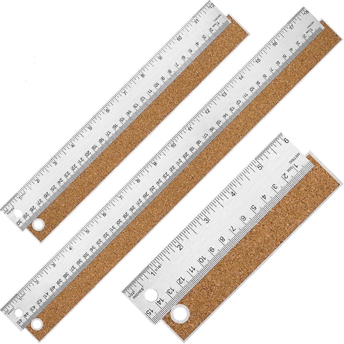 Ruler with Cork Backing, 6+12+18 Inch Stainless Steel Rulers 6 Inch 12 Inch 18 inch Metal Ruler - Imperial and Metric - Non-Slip Prevent Ink Leakage -
