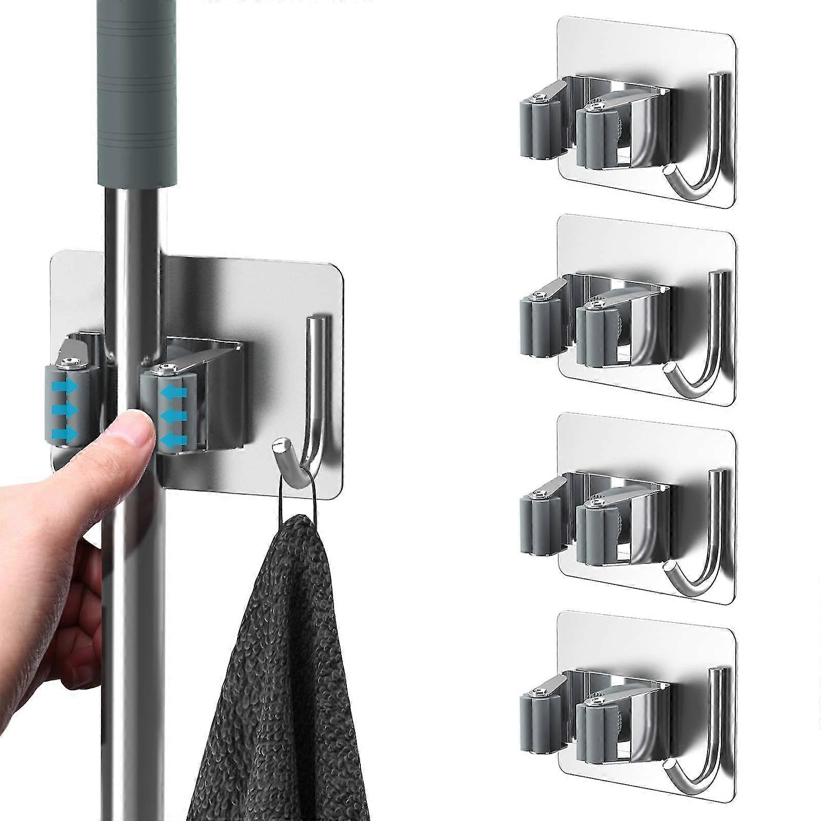 Mop Broom Holder 4 Pcs Wall Mounted With Hooks Hanger Self-adhesive Broom Holder For Home