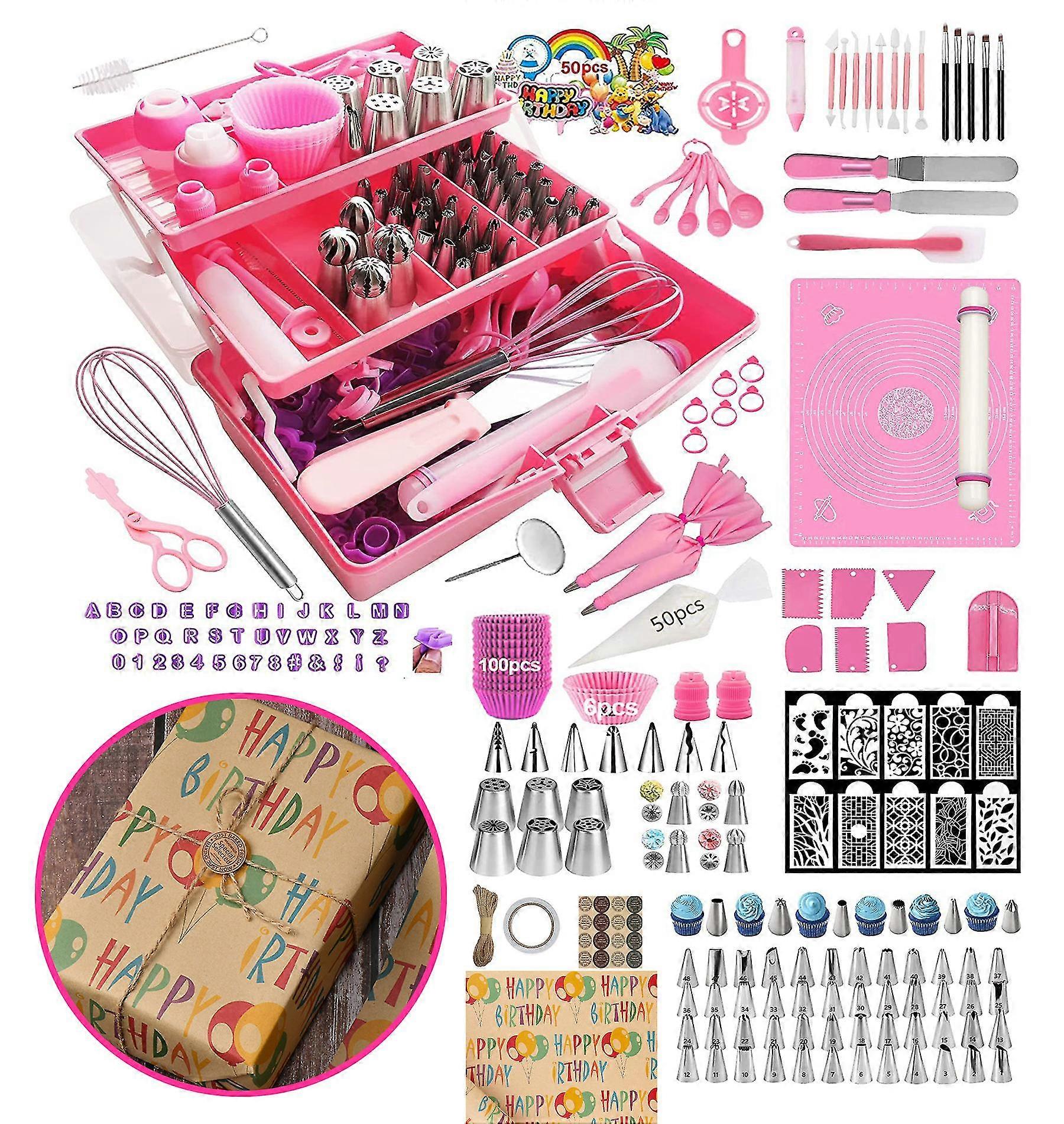 370pcs Cake Decorating Stencil Set, 3 Layer Tool Box, (Free packaging accessories)