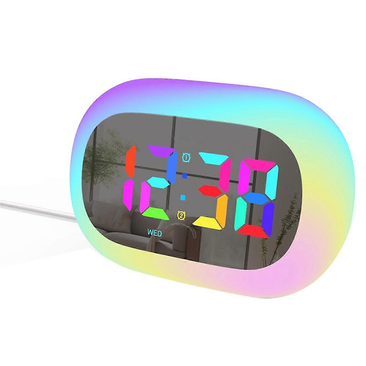 Colorful LED Digital Alarm Clock Bedrooms RGB Mirror Digital Alarm Desk Clock with Touch Snooze and RGB Nightlight