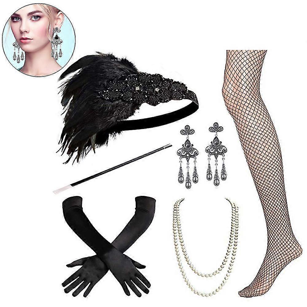 1920s Accesorios Set Flapper Diadema, pendientes, collar de perlas, guantes