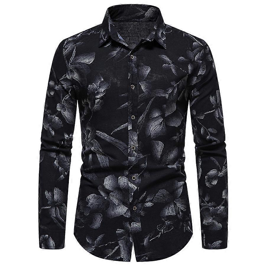 Black Mens Floral Shirt Casual Button Down Long Sleeve Flower