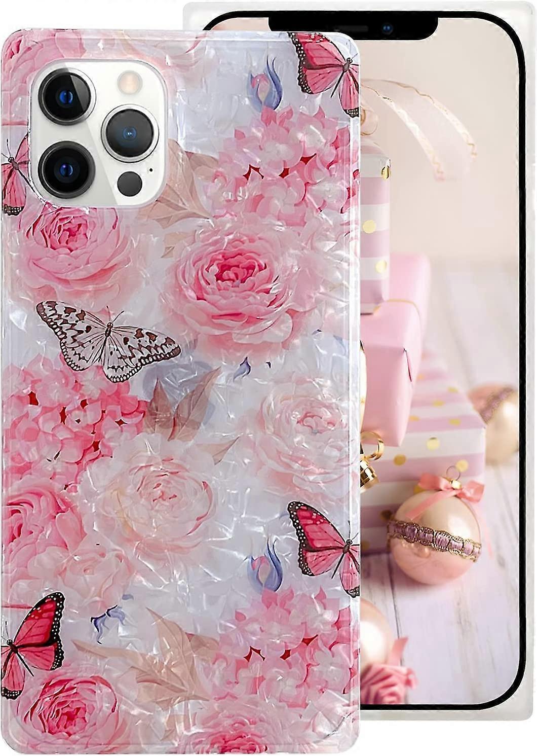 Compatible with iPhone 13 Pro Max Square Edge Case Luxury Cute Bling for Women Luxury Glitter Flower Shell Pattern Glossy Translucent Reinforced Corne