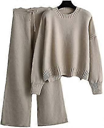 Autumn Winter Women 2 Piece Wide Leg Pants Sets O Neck Sweaters Cashmere Knitted Tracksuits Two Piece Sets