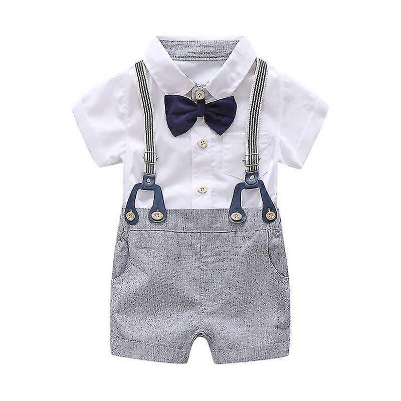 Boys Baptism Outfits With Bow Tie Suspender Linen Shorts 1set 3pcs Size:90 (12-24month)