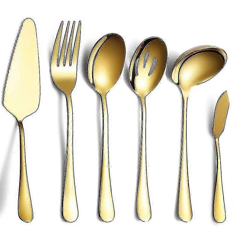 6 Piece Serving Cutlery Silverware Set, Serving Utensil Set, Gold