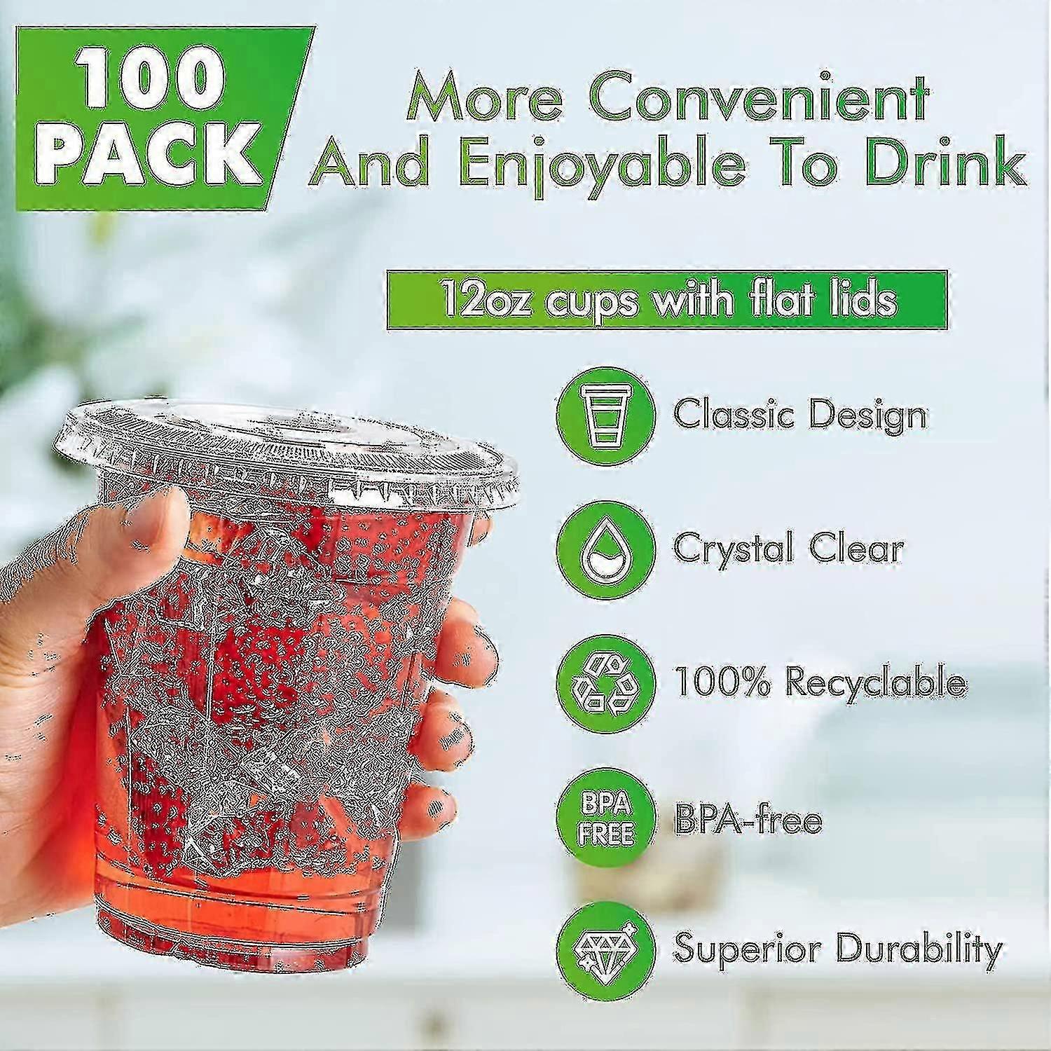 100 Sets Of 12oz Clear Plastic Cups With Flat Lids - Disposable Drinking Cups For Ice Coffee, Smoothie, Slurpee, Or Cold Drinks