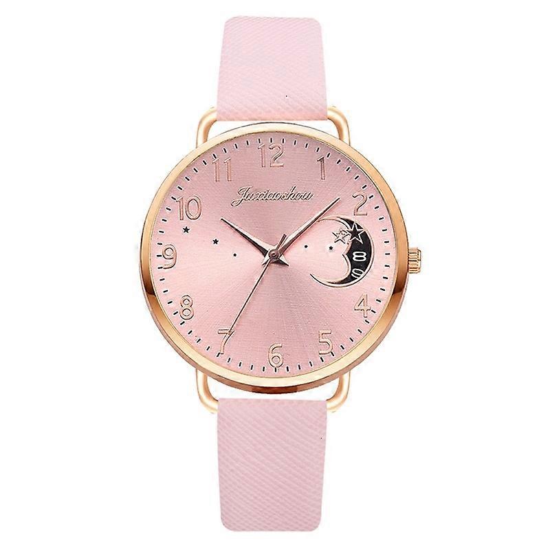 Ladies Moon Pattern Dial PU Strap Quartz Watch, Color: Pink