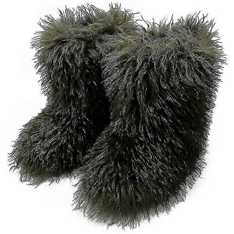 Faux Fur Boots For Women Fuzzy Fluffy Furry Round Toe Suede Winter Boots Flat Shoes-Yvan