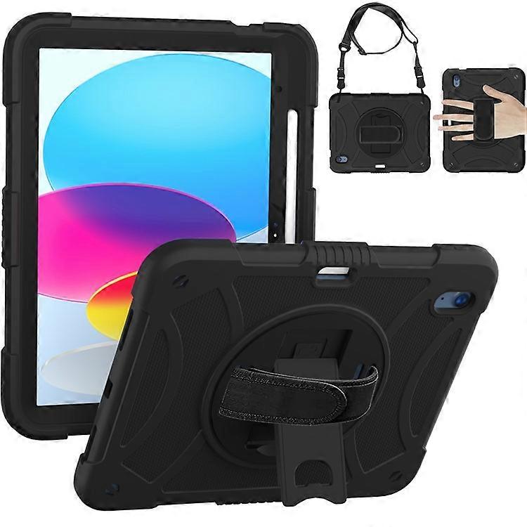 Compatible For iPad 10.9 (2022) Rotating Kickstand Tablet Case Silicone+PC Anti-Drop Cover with Pencil Holder / Shoulder Strap
