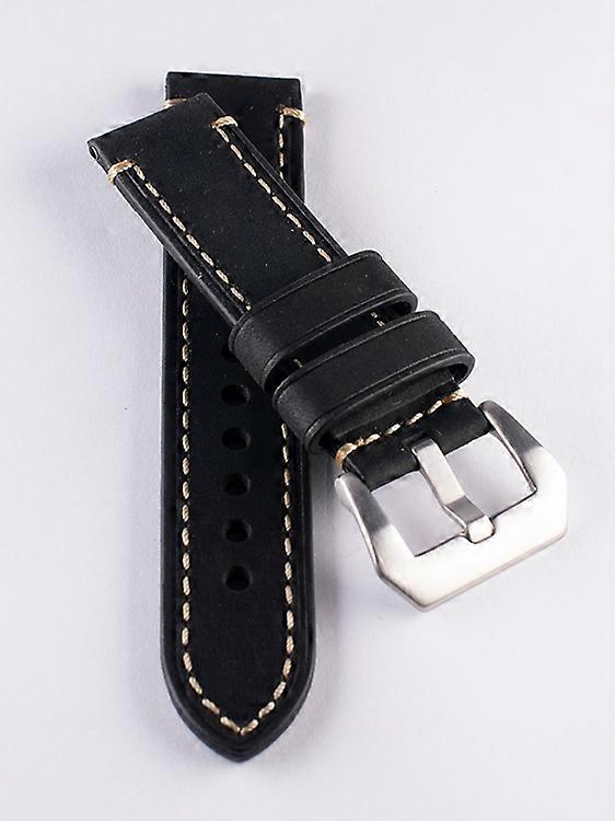Black heavy duty leather watch strap with seams