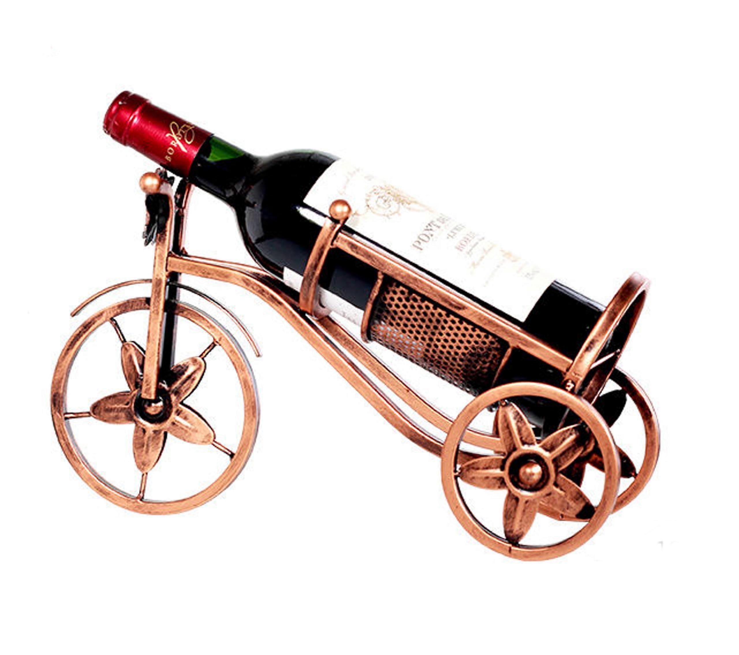 Wine Rack Metal Sculpture Tabletop Decor for Living Room and Dining Room, Red Copper Three-Wheeled Design for Wine Tasting