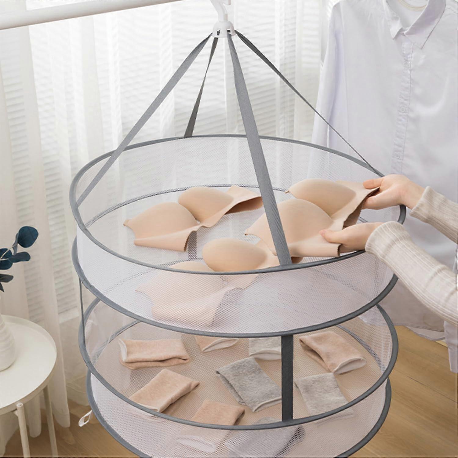 2-Tier Mesh Folding Drying Rack - Windproof Foldable Laundry Dryer for Sweater Socks Towels Underwear