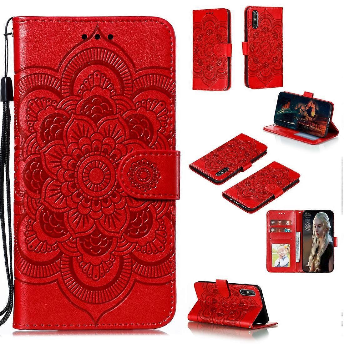 Capa de Couro PU com Padrão de Embossing Mandala com Suporte & Slots para Cartões & Parede & Cordão Para Huawei Enjoy 10e