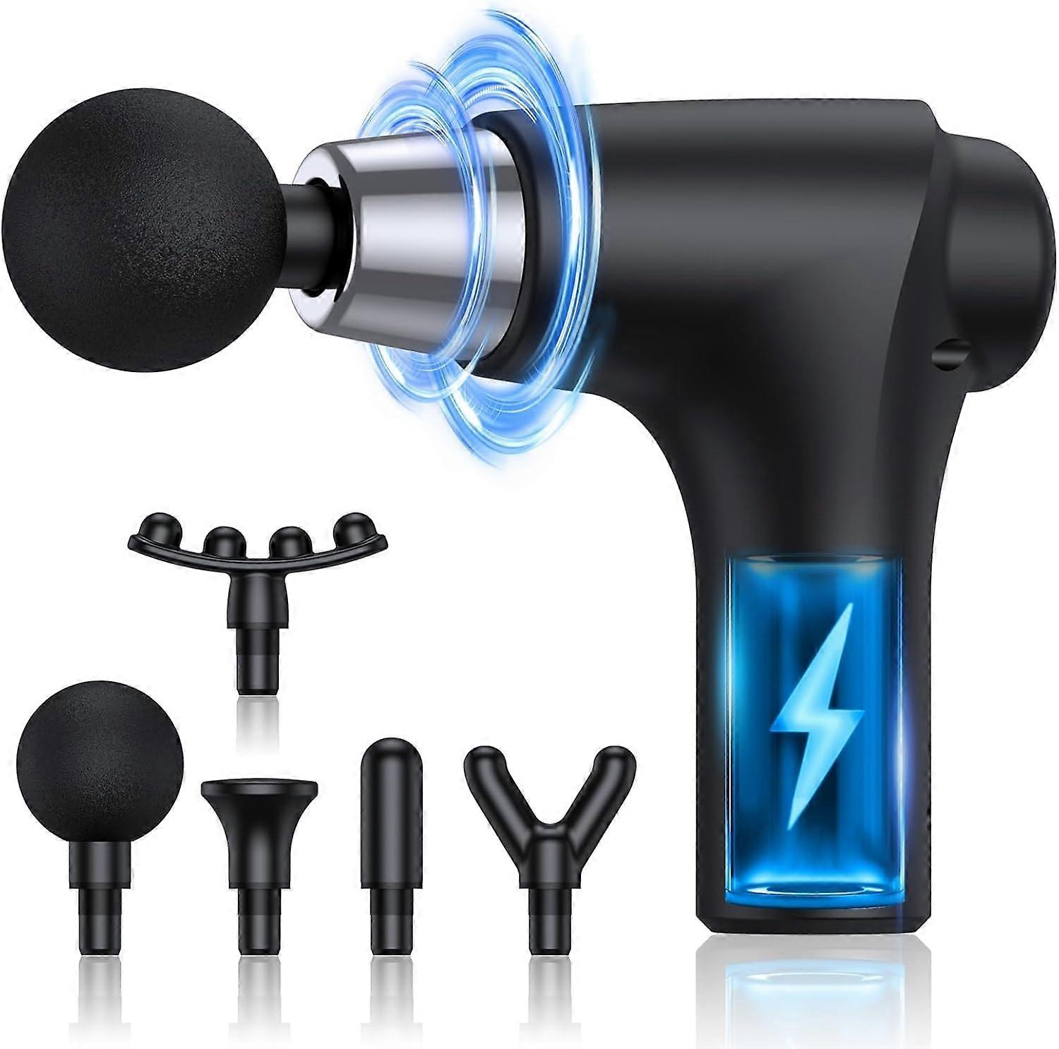 Tissue Massage Gun for Back Pain Relief, 5 Interchangeable Heads, 6 Speed Settings, Black Color, Portable Design
