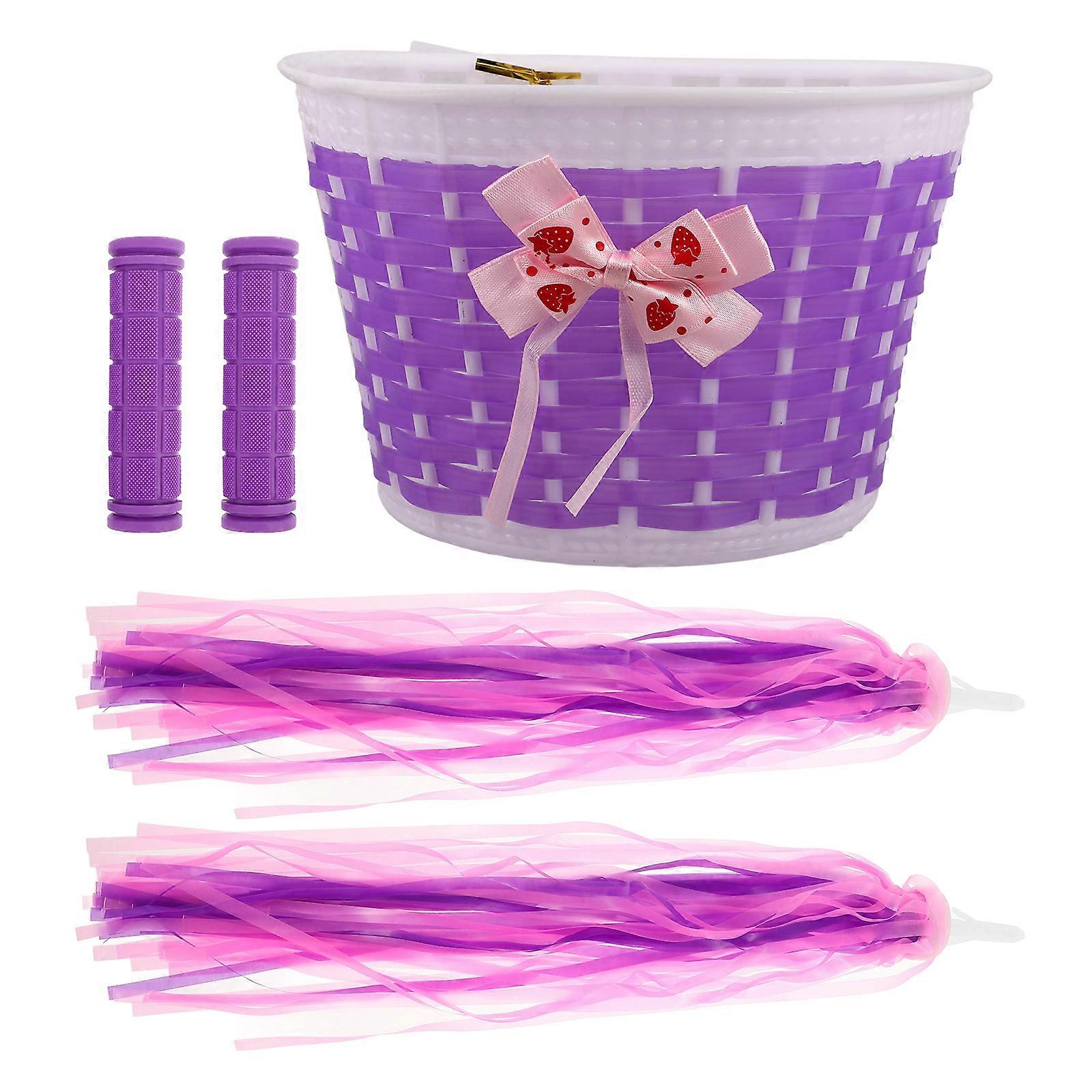 Bike Handlebar Grips & Basket Set – Non Slip Woven Locking Grips with Streamers for Boys – Easy Installation Bicycle Accessories – Purple