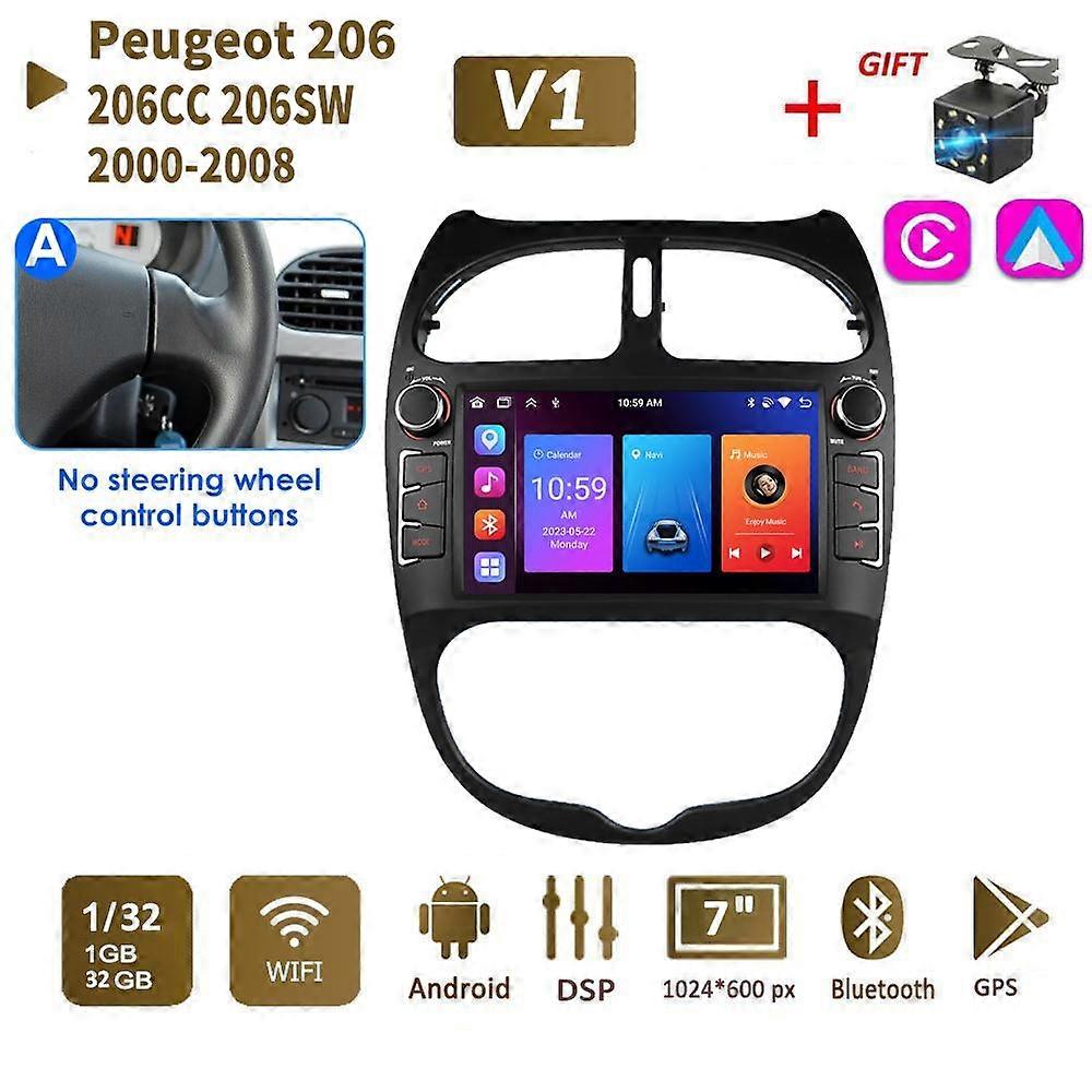 Carplay 7'' 2 Din Android Car Radio for PEUGEOT 206 206CC 206SW 2000-2008 Multimedia Video Player GPS Autoradio Stereo 1+32GB