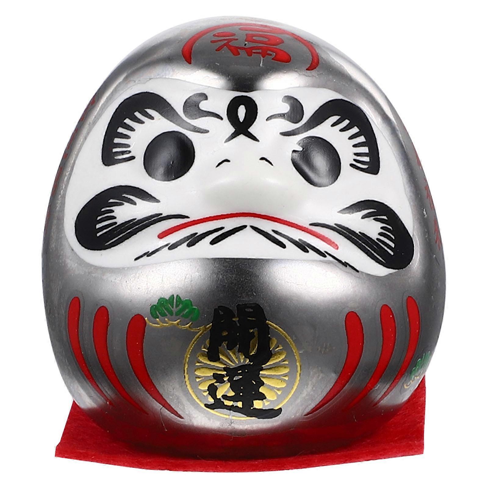 Japanese Ceramic Dharma Fortune Cat Figurine, Silver Coated Mini Ornament for Home, Car Dashboard, or Table Display – Smooth Surface Decorative