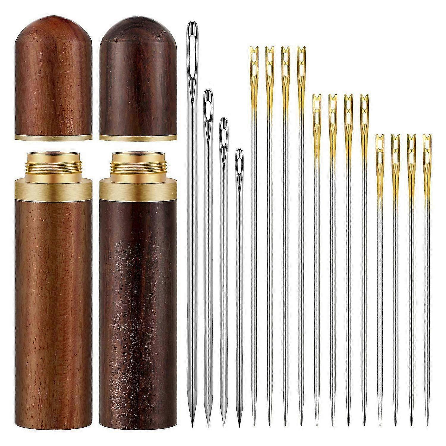 2Pcs Wooden Needle Case with 24 Self Threading Needles and 4 Large-Eye Leather Stitching Needles fo