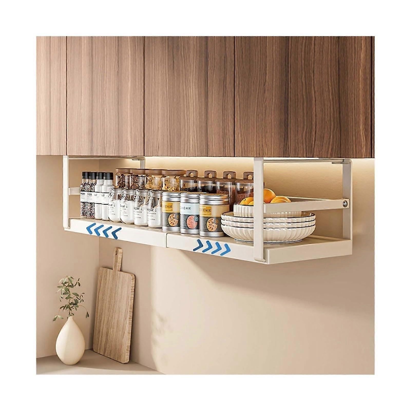 Adjustable Under Cabinet Shelf Rack, Expandable Sliding Spice Organizer, Telescopic 27-45cm White Cupboard Bookcase