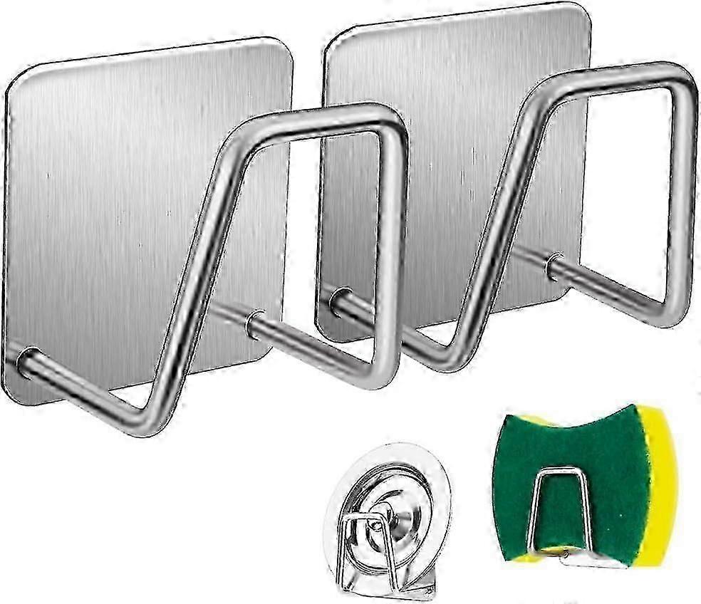 Sink Caddy Sponge Holder, Towel Hook, Rust Proof SUS304 Stainless Steel, Quick Drying (Silver-2 Pack)