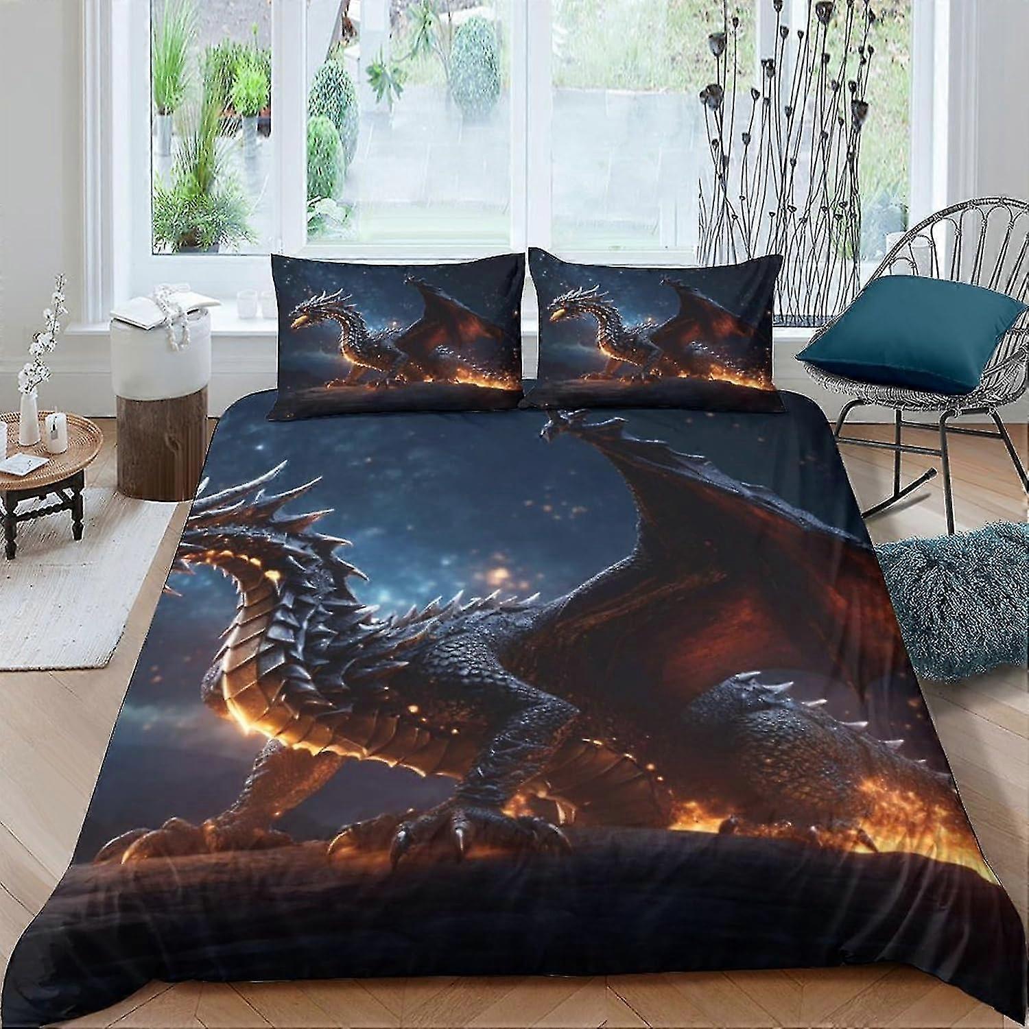 3D Dragon Bedding Set for Kids Soft Comforter Cover with Zipper Closure Microfiber King Size 3 Piece Set