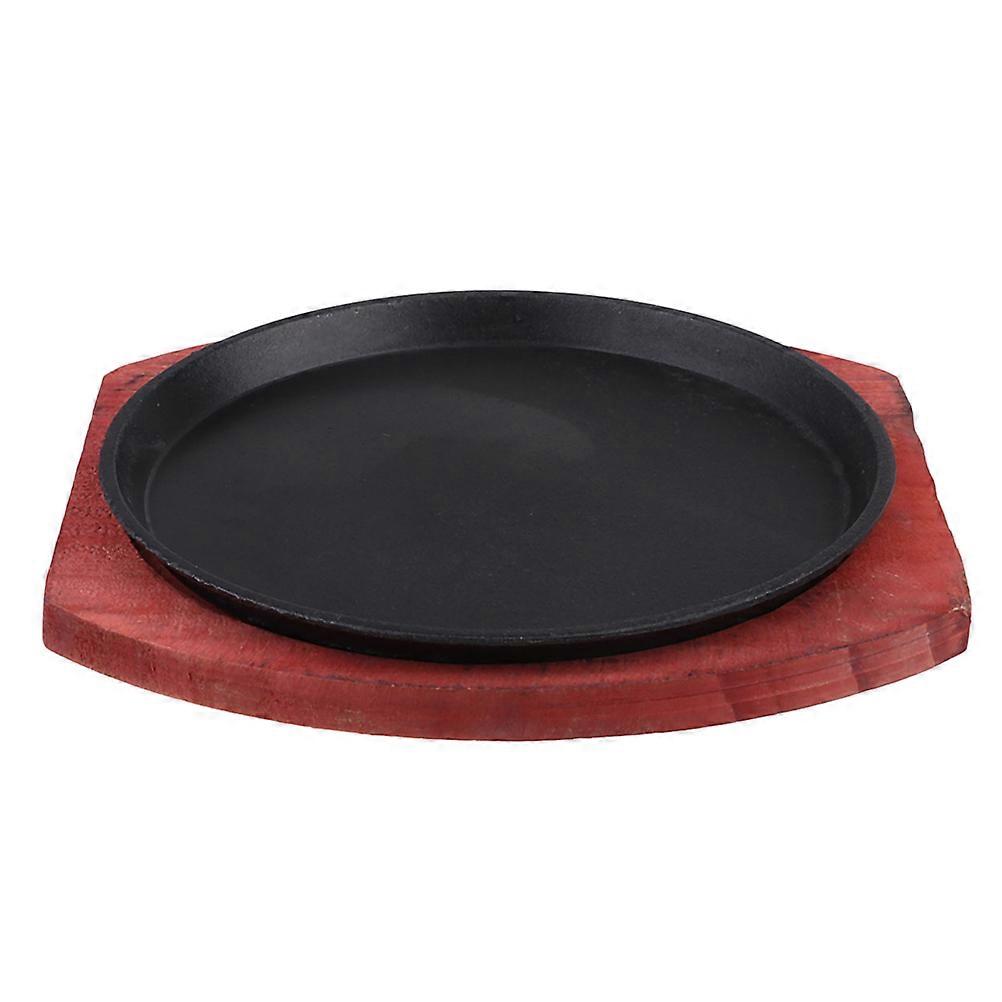 Thick Cast Iron Fajita Pan with Wooden Base Non Stick Round Skillet for Induction and Gas Stove Multi Purpose BBQ Grill Plate for Steak and Sizzling