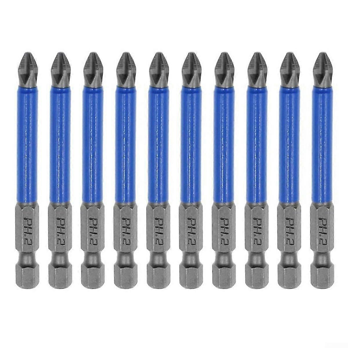 10 x nonslip magnetic hex shank PH2 screwdriver bits, 70 mm, for power and hand tools