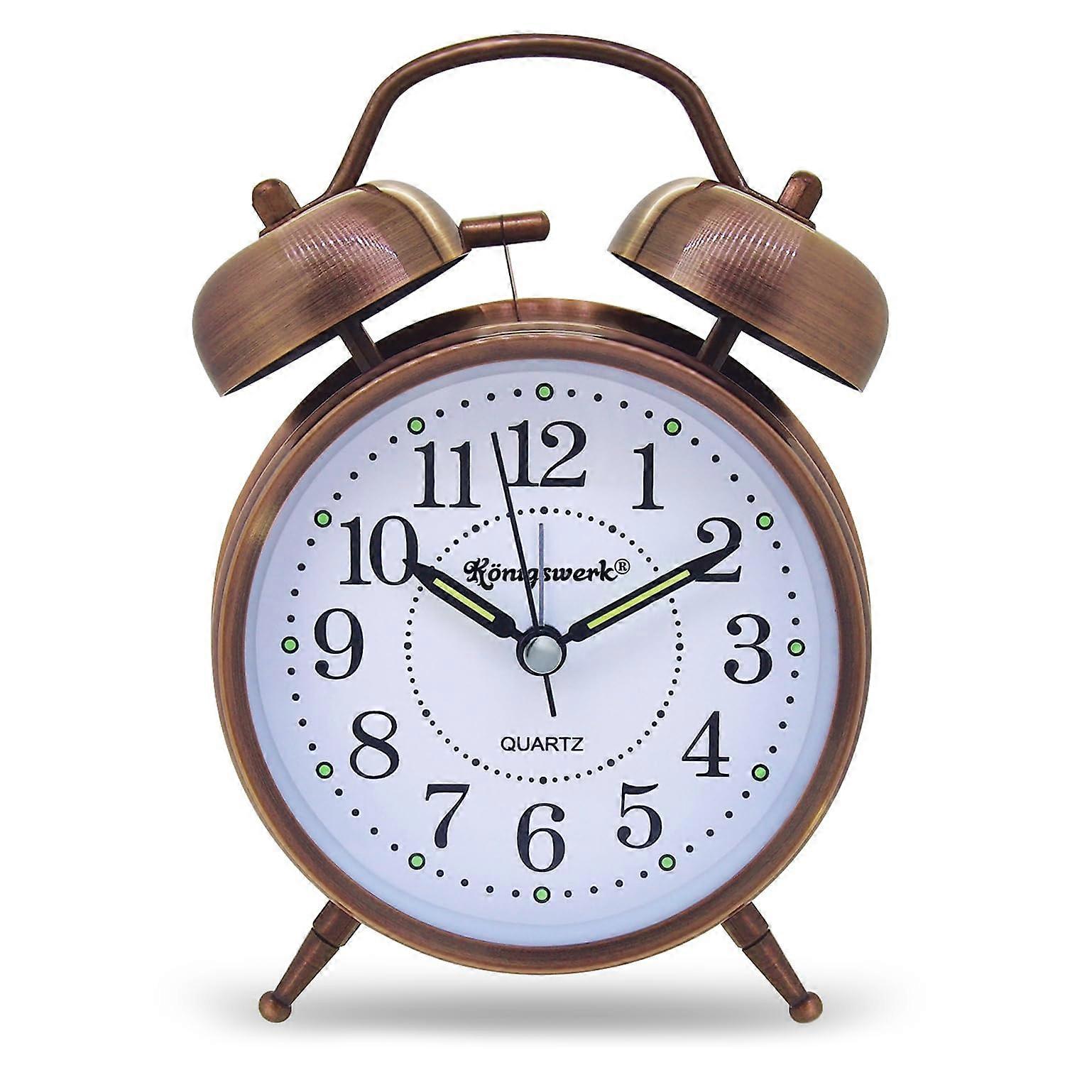 Alarm Clock for Heavy Sleepers, 4-Inch Double Bell, Battery Operated, Non-Ticking With Backlight, Brown Bedroom Clock