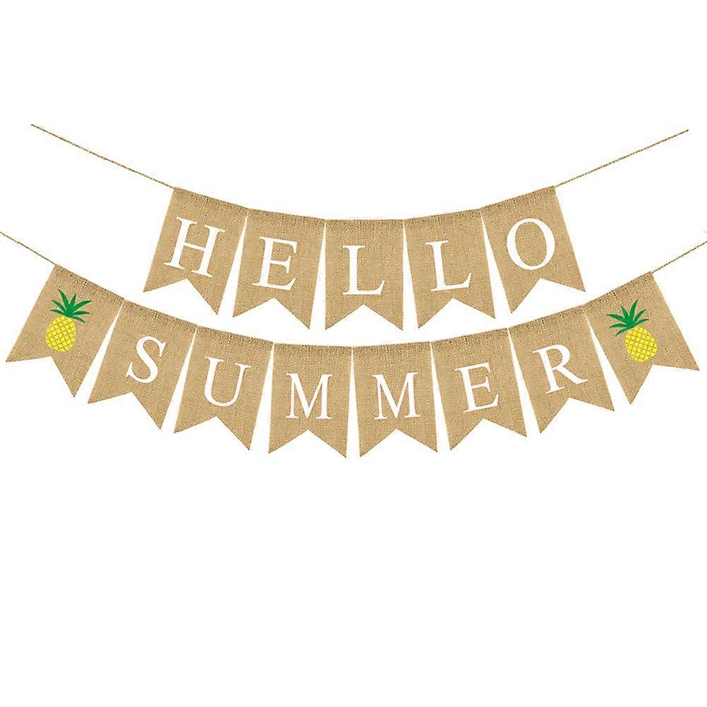 Khaki Linen Dovetail Banner with Hello Summer Letters for Hawaii Party Decoration 70100 Characters