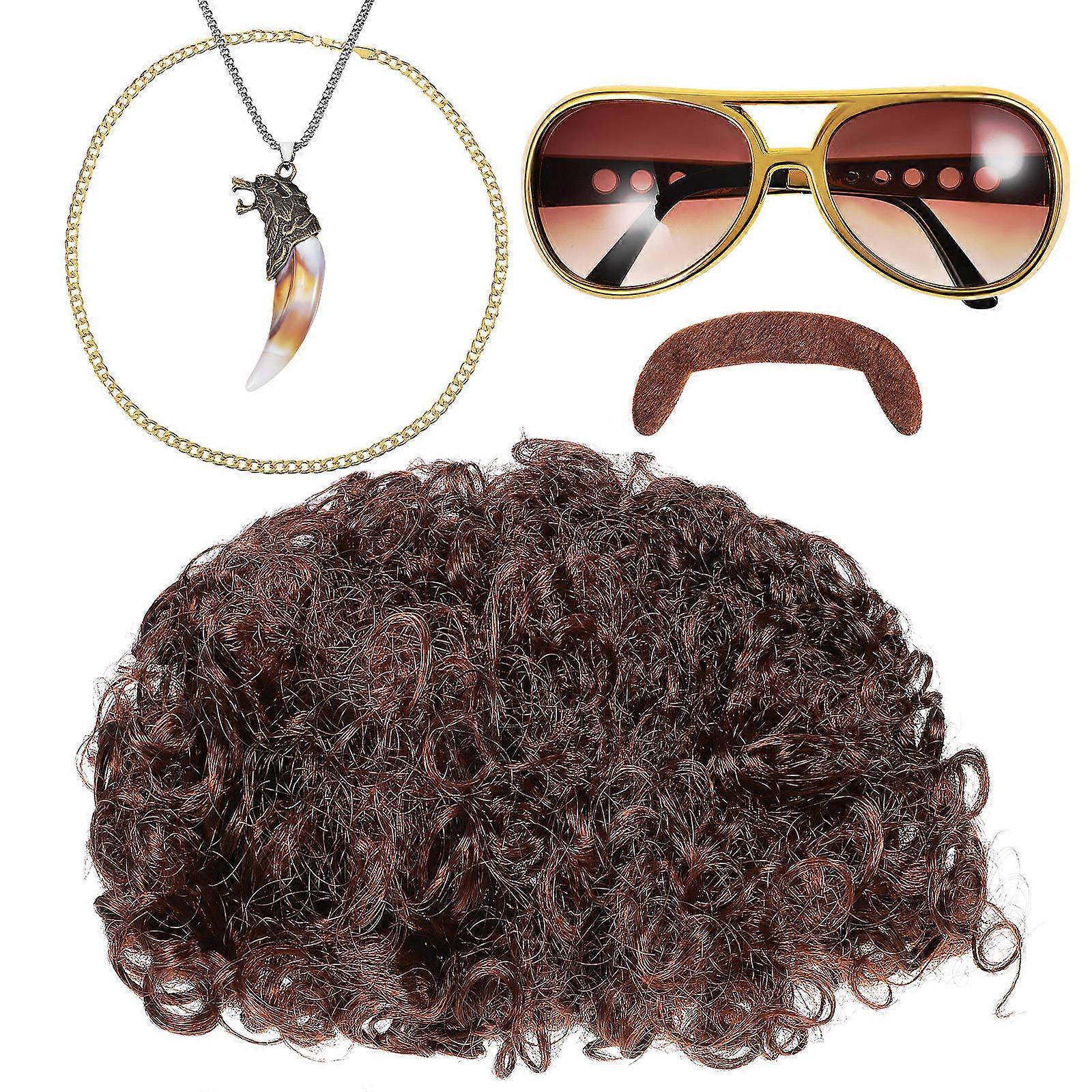 5 Pieces 70s 80s Hippie Costume Set Funky Afro Wig Glasses Gold Chain Necklace For 70s Disco Cosplay Halloween Party Accessories