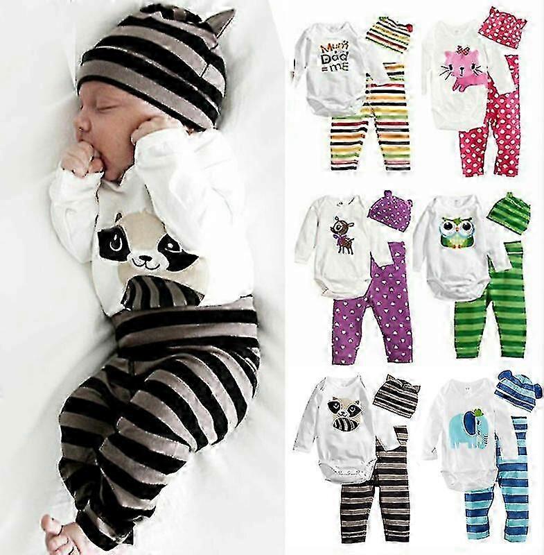 Newborn Toddler Baby Boys Girls Animal Print Romper Pants Hat Set Casual Outfit2