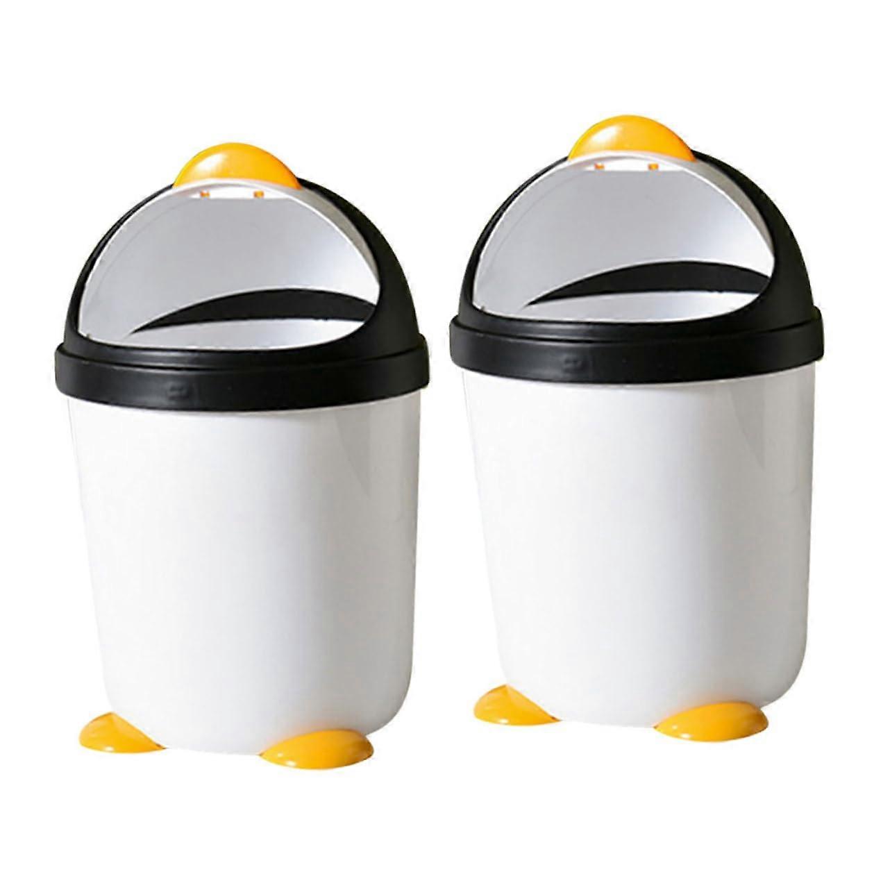 Penguin Trash Can With Lid Mini Plastic Wastebasket For Kids Room Vehicle Office Animal Shape Design 2Piece Set