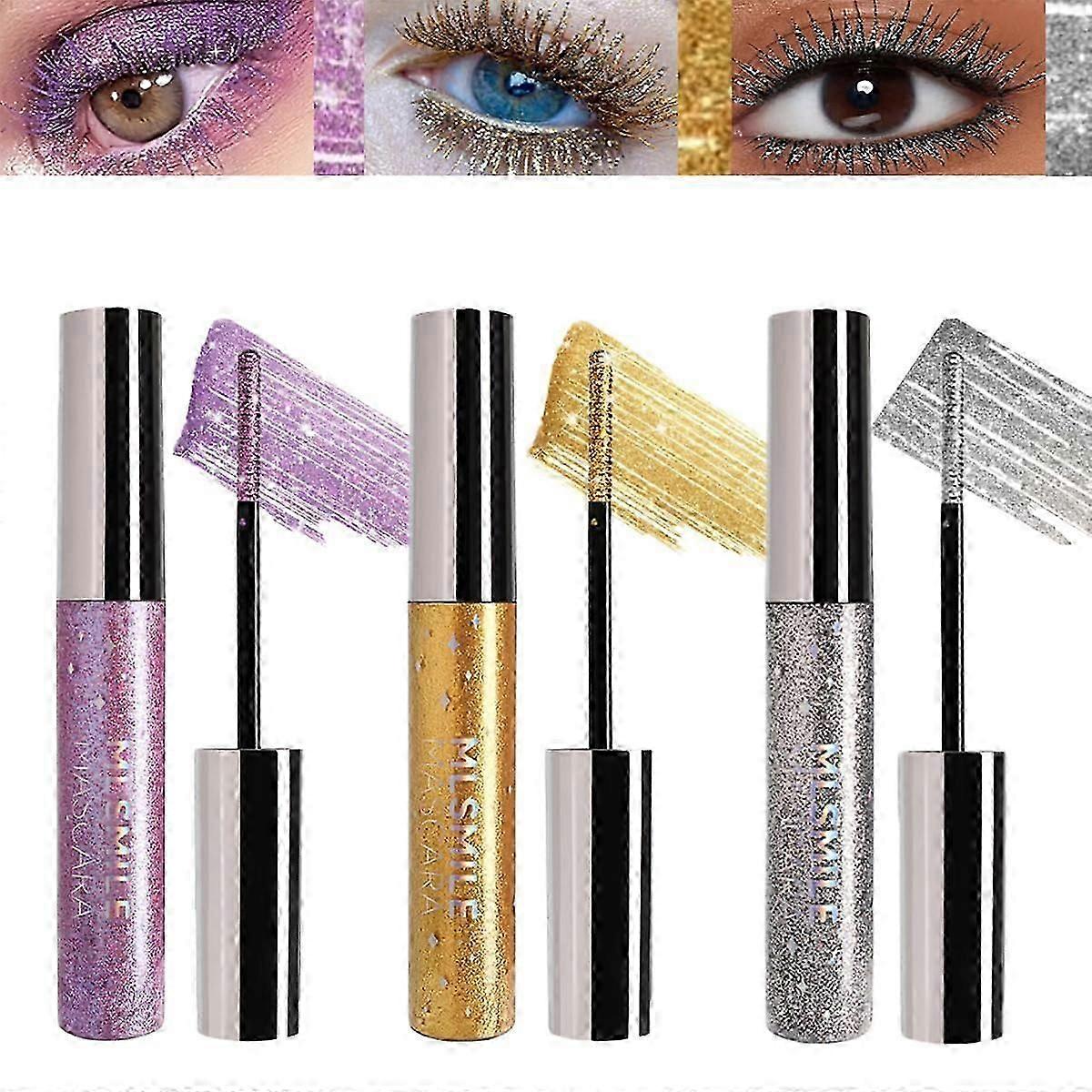 3 Colours Glitter Mascara Eye Shadow Extension Curling Volume Mascara, Sparkling Silver/Gold/Purple Diamond Mascara, Waterproof Eyelashes
