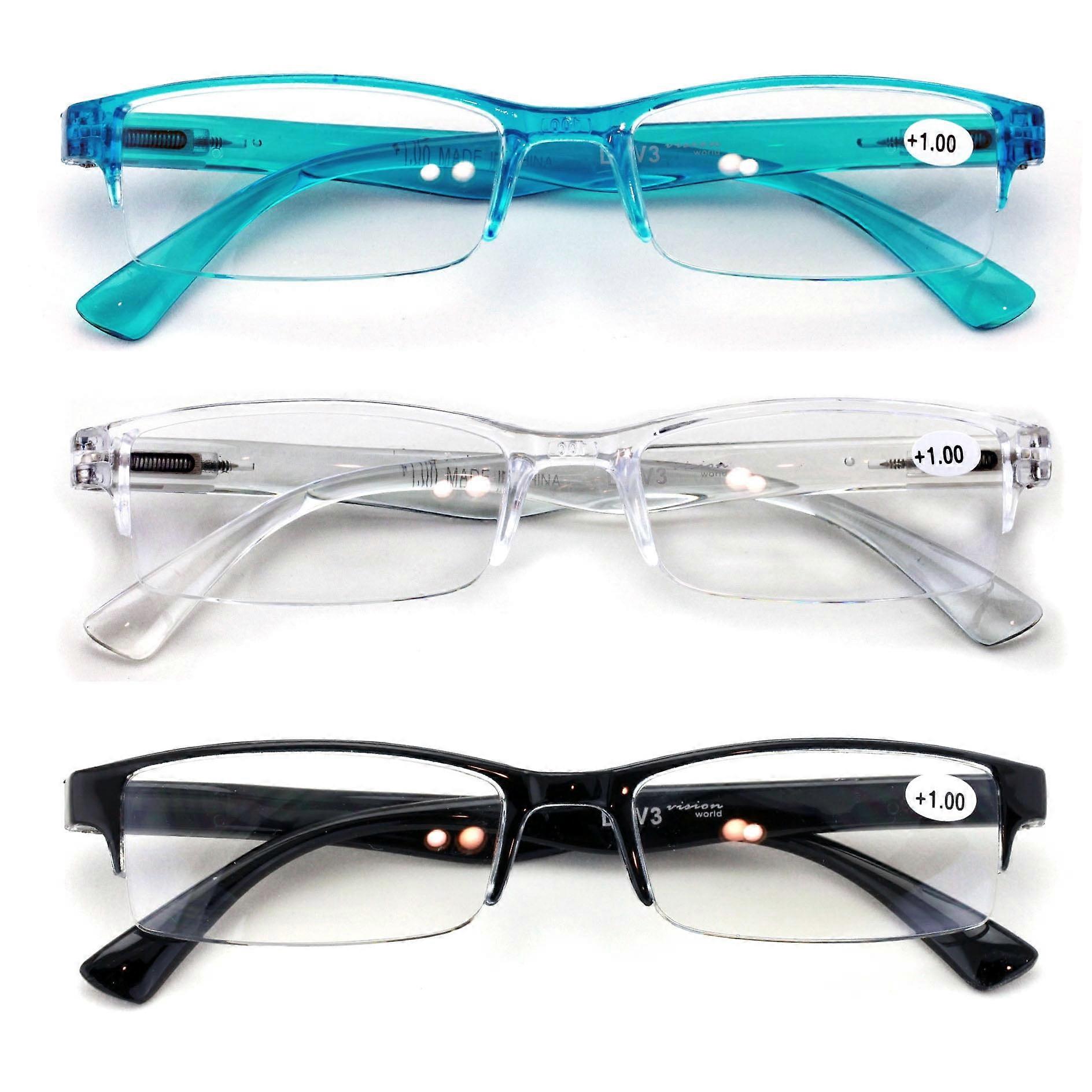 3 Pairs Lightweight Rectangular Unisex Readers with Spring Hinge - Clear Blue Black Reading Glasses - Spring Hinge +4.00