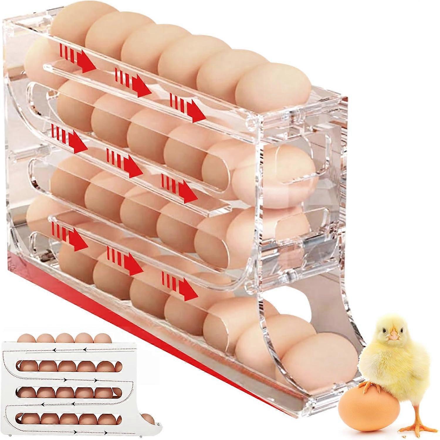 30-Egg Holder for Fridge, 4-Tier Auto-Rolling Egg Container, Space-Saving Refrigerator Organizer, Large Capacity Dispenser (White)
