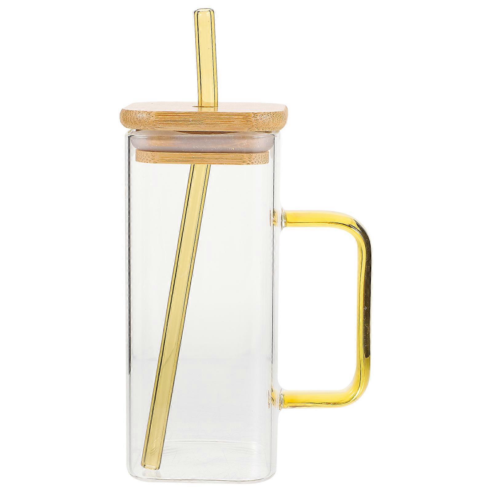 Glass Cup Beverage Container Square Glass Cup for Hotel Use Transparent Borosilicate Glass with Straw 1 Set