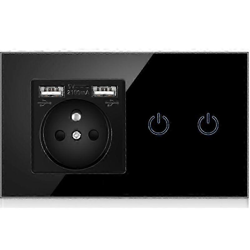 EU Power Outlet Socket, LED Light Touch Double Switch, 2 USB Charger, Glass Panel French Wall Electrical Socket